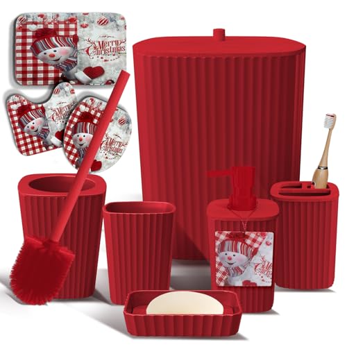 Clara Clark Bathroom Set - Christmas Bathroom Decor Xmas Bathroom Accessories Set 9PC Bathroom Accessory Set Christmas Bathroom Sets with Bathroom Rugs Toilet Brush Trash Can & Soap Dispenser