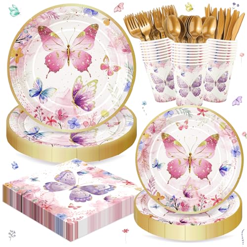 168PCS Butterfly Party Decorations Butterfly Disposable Tableware Set with Paper Plates Napkins Cups Cutlery for 24 Guests Flower Butterflies Party Supplies for Birthday Baby Shower Bridal Tea Party