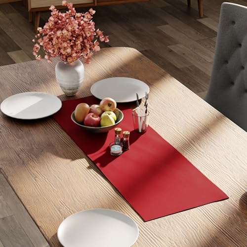 Image of Encasa XO Table Runner for 4 Seater | Cotton Canvas Fabric | Size 13x36 in | Deep Red Solid Color | Machine Washable & Durable