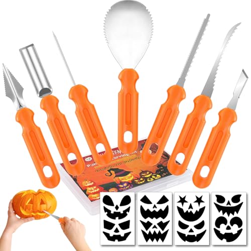 Pumpkin Carving Kit - 7 Piece Professional Stainless Steel Carving Tools with 8 Stencils and Storage Case, Heavy Duty Halloween Jack-O-Lantern Decorations Sculpting Knife Set for Adults and Kids