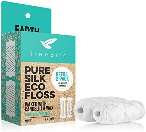 Biodegradable Dental Floss Refills 2-pack | For Refillable Glass Holder | Naturally Waxed With Candelilla Wax | 100% Compostable | Natural Silk Spools of 66 yds/60m | Eco-Friendly Zero Waste Oral Care