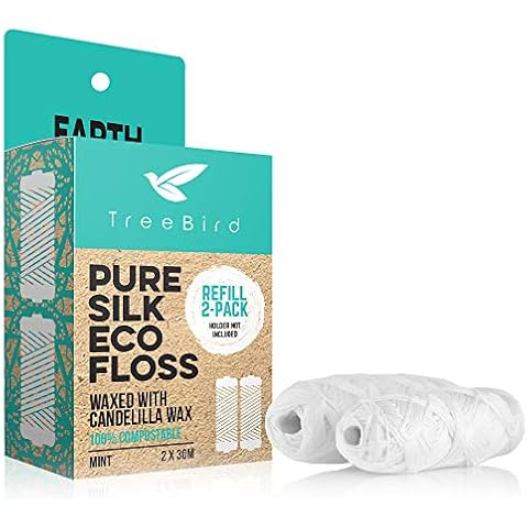 Biodegradable Dental Floss Refills 2-pack | For Refillable Glass Holder | Naturally Waxed With Candelilla Wax | 100% Compostable | Natural Silk Spools of 66 yds/60m | Eco-Friendly Zero Waste Oral Care Cover