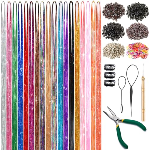 Hair Tinsel Kit (48 Inch, 18 Colors, 7200 Strands), Glitter Tinsel Hair Extensions with Tools - Fairy Hair Tinsel Heat Resistant Accessories for Women Girls Kids