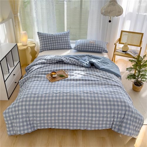 Hiseng Edredon Microfibra, Relleno Nordico 4 Estaciones con Estampado a Cuadros, Suave Edredones Patchwork Reversible para Individual Matrimonio (Azul,150x200cm)