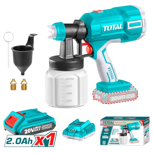 Total - Pistola de Pintura a Batería 20V - Volumen Máximo de 800 ml/min - Viscosidad Máxima de 120 DIN - Depósito de 800 ml- Incluye Embudo Medidor de Viscosidad - 1 Batería 2AH - Cargador - Maletín
