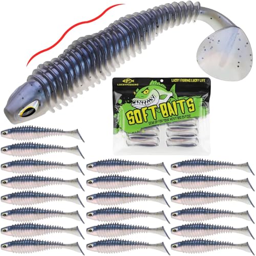 LUCKYFISHING Paddle Tail Swimbaits 20 PCS Fishing Lures Soft Plastic Lures for Trout Crappie Walleye Soft Baits for Bass Fishing Freshwater Saltwater 2.5 Inch