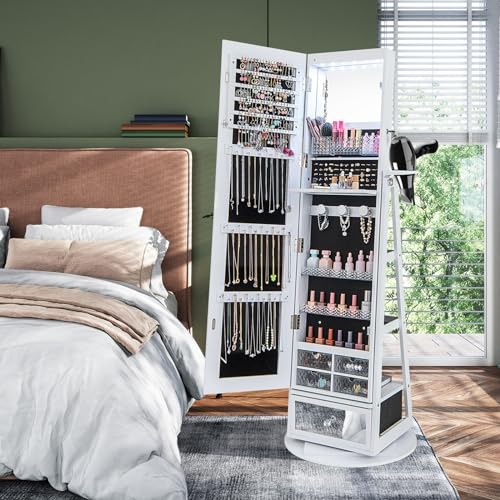 CHARMAID 360° Swivel Jewelry Cabinet Armoire 64.5\" H, Full Length Mirror with Jewelry Storage, 6 LEDs Lockable Jewelry Organizer, Rear Storage Shelves, Large Drawer, Hairdryer Holder (White) - Thumbnail 2