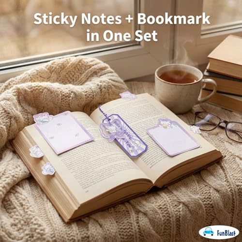 Image of FunBlast Cute Cat Sticky Notes - Cat Memo Pad, Kawaii Sticky Note for Kids & Girls, Self Adhesive Notes and Bookmark, Stationery Gift for School, Office & Personal Use (Purple-)