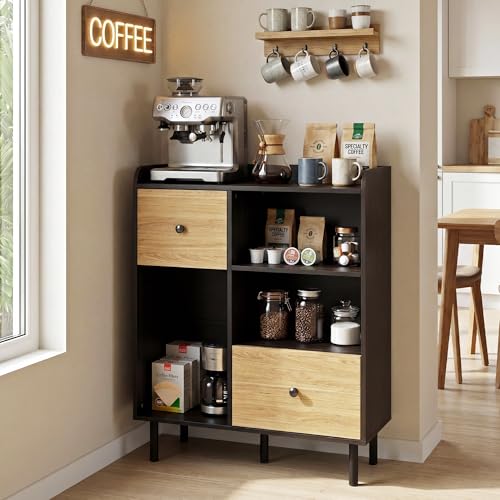 Manora Narrow Small Coffee Bar Cabinet with Drawers, Wooden Mini