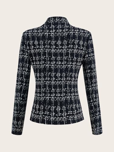 Women's Elegant Plaid Tweed Blazer Open Front Long Sleeve Business Casual Suit Jacket2