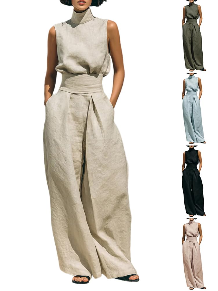 shownicer Ensemble Femme Coton et Lin 2 Pièces Chic et Elegant Tenue sans Manche Débardeurs Et Pantalon Ensembles Ete Décontractée Tenue