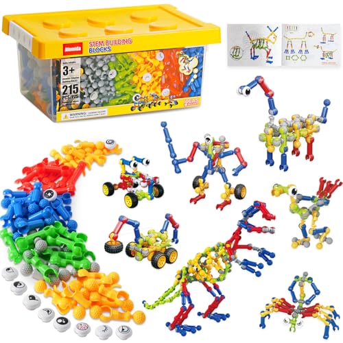 Afomida 215-STK Kreatives Baustein-Spielset - mit Aufbewahrung, Inklusive Dinosaurier, Roboter, Auto, Spinne, Lernspielzeug für Kinder, Geburtstagsgeschenk für Kinder, Jungen und Mädchen ab 5 Jahren