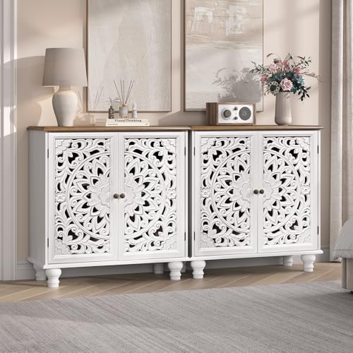 Image of Accent Cabinet with Doors, Decorative Storage Cabinet with Adjustable Shelf, Carved Sideboard Buffet with Solid Wood Legs for Living Room, Entryway, Kitchen, Hallway, White