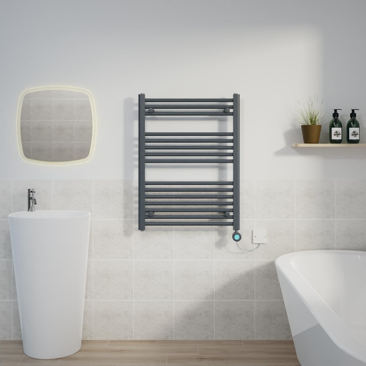 Warmehaus Anthracite 400W Electric Thermostatic Heated Towel Rail Bathroom Radiators Straight With Lcd Display Timer - 800X600mm