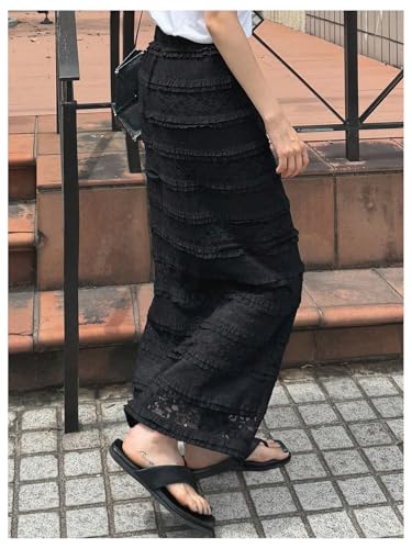 GORGLITTER Women's Floral Lace Layered Frill Trim Skirt Elastic Waist Sheer Long Skirts2