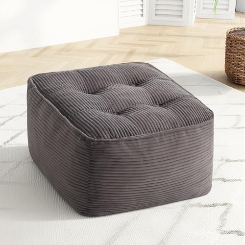 Image of Square Stuffed Pouf Ottoman, Corduroy Oversize Foot Rest,Dark Grey