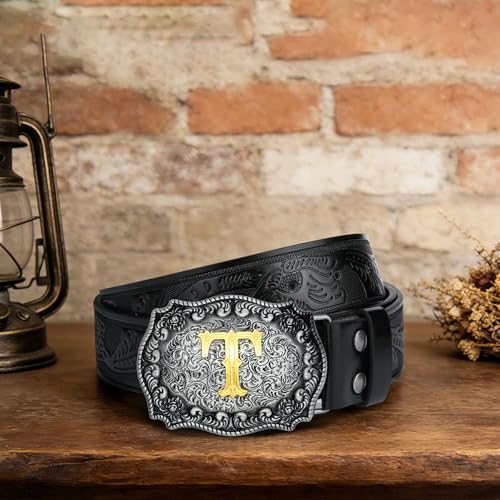 Image of Mens Western Cowboy Cowgirl Faux Leather Belt Longhorn Bull Pattern Letter Big Buckle Embossed Floral Belts