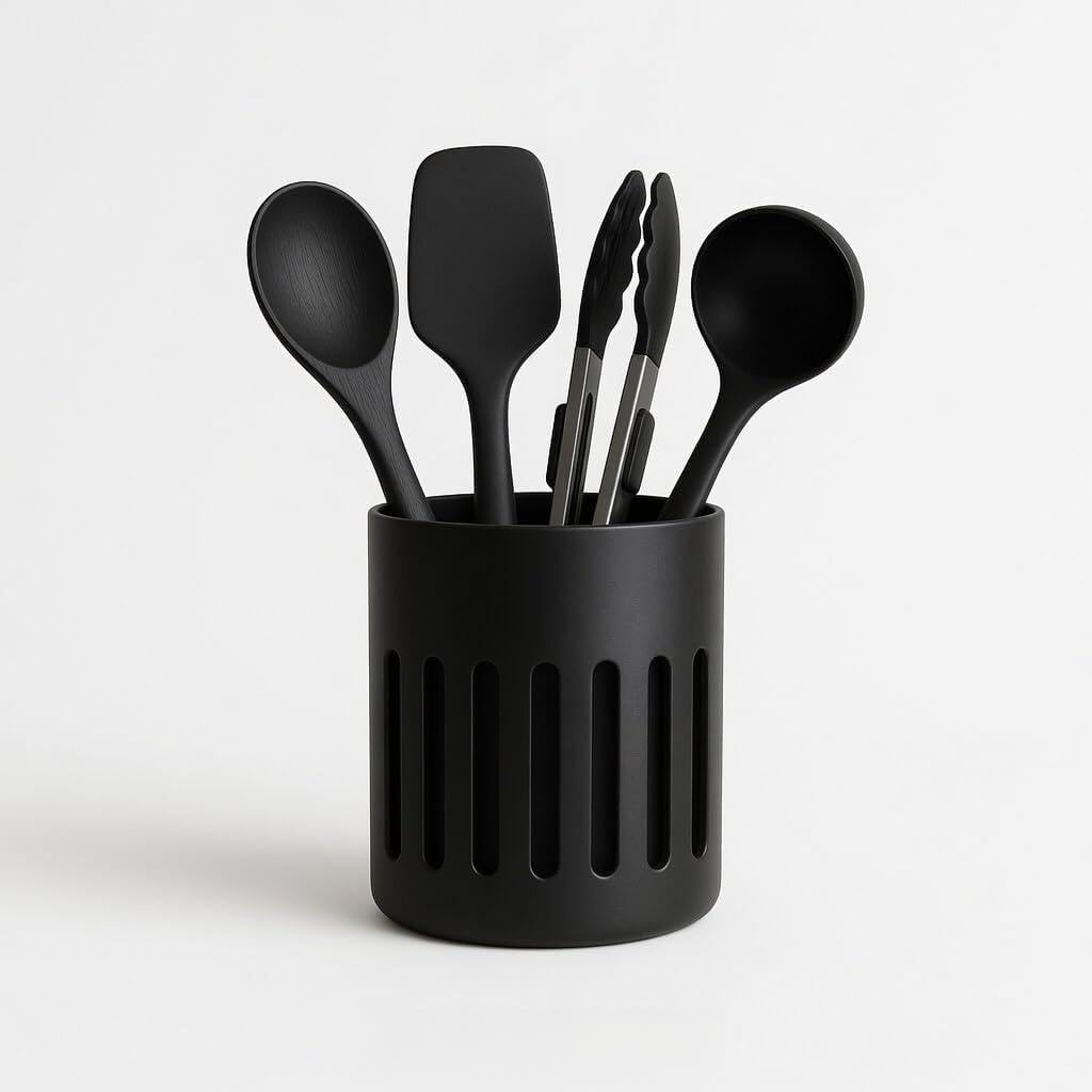 Modern Kitchen Utensil Holder with Ventilated Design, Matte Finish Countertop Organizer, 15cm Height Storage Container for Cooking Tools