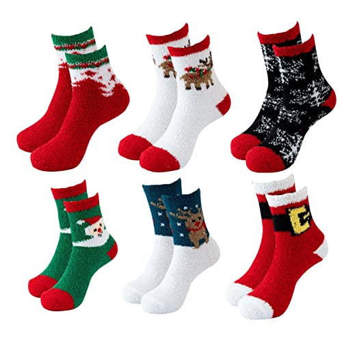 Image of Women Christmas Holiday Socks Warm Winter Cozy Fuzzy Socks Family Elk Snowflake Santa Patterns Crew Socks Gift