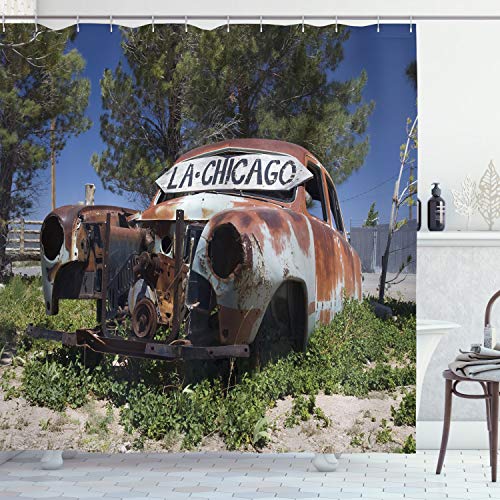 ABAKUHAUS Rustikal Duschvorhang, Alte verlassene Auto USA, Stoffliches Gewebe Badezimmerdekorationsset mit Haken, 175 x 200 cm, Grün Blau Braun