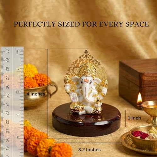 Image of 24k Gold Plated Kalpavrikshya Tree Ganesh Idol Ganpati Murti for Car Dashboard, Office Desk, Hindu God Gift & Home Decor - Resin (White)
