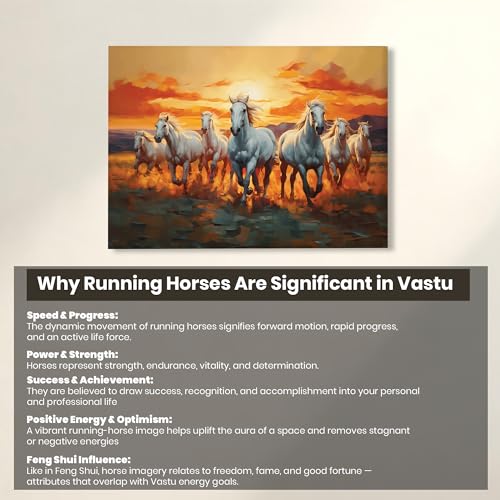 Image of 7 Running Horses Vastu Stretched Canvas Painting For Living Room Seven White Horses Wall Art Painting Symbol of Success, Growth & Positive Energy Wall Art for Home & Office, 12x16 Inch