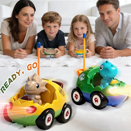 TOPLIVING 2-Pack Remote Control Dinosaur Car Toys for Toddler Ages 18+ Months, 2 3 4 5 Year Old, Dino RC Vehicle with LED Lights, Music, Christmas Birthday Gift for Boys & Girls - image 2