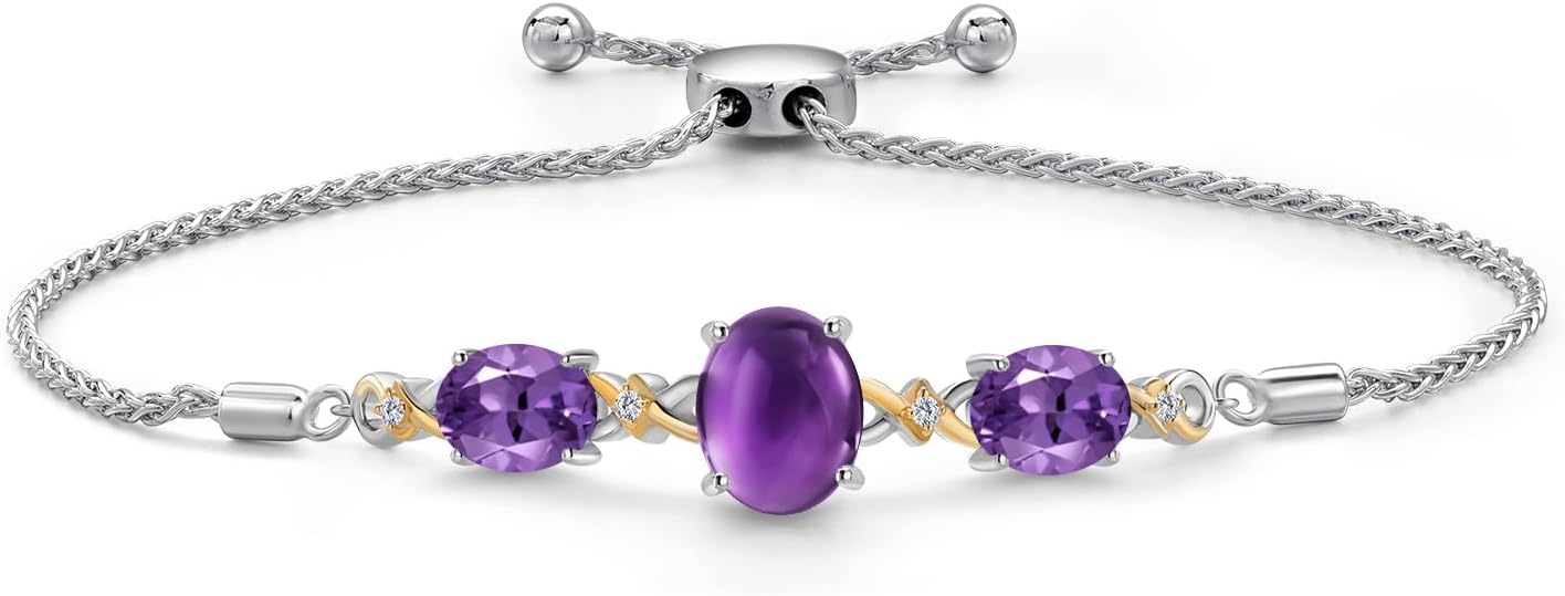 Gem Stone King 3-Stone Infinity Bracelet for Women | 925 Silver 10K Yellow Gold | Oval Gemstone Birthstone & Lab Grown Diamond | 10X8MM 8X6MM | Adjustable Bolo 9 Inch