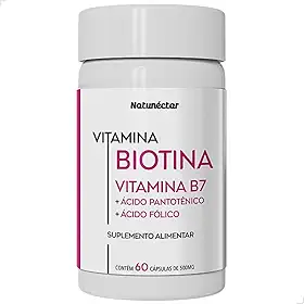 Biotina Com Vitamina B5 e B9 Fortalecedor de Unhas e Cabelo 500mg 60 Cápsulas - Natunéctar