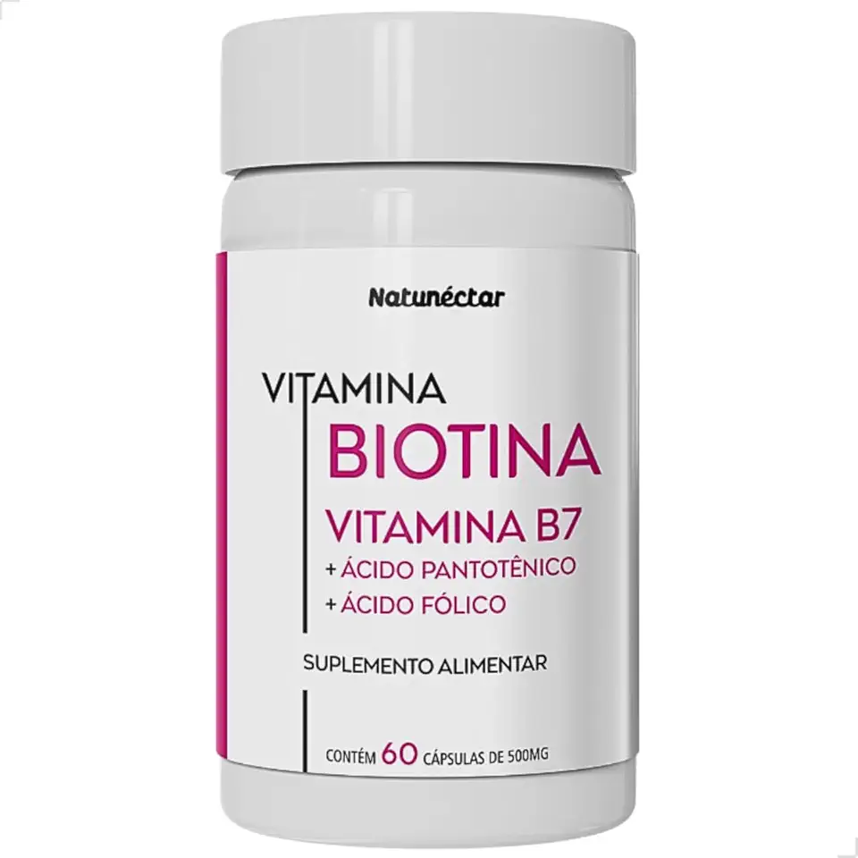 Biotina Com Vitamina B5 e B9 Fortalecedor de Unhas e Cabelo 500mg 60 Cápsulas - Natunéctar