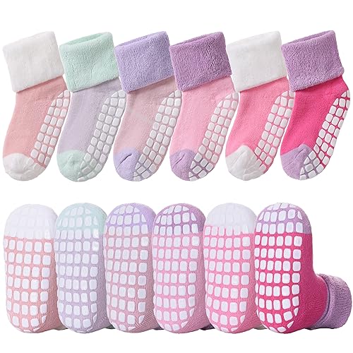 Image of LANLEO Baby Girls Boys Non Slip Socks with Grips Toddler Kids Unisex Warm Thick Cotton Ankle Crew Socks with Grippers