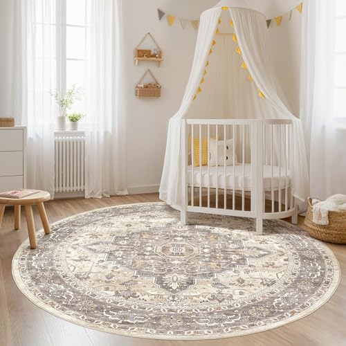 Round Rug Living Room Rugs: 8Ft Washable Boho Neutral Large Circle Soft Indoor Floral Stain Resistant Floor Farmhouse Carpet for Bedroom Nursery Kids Playroom Office Dining Room Dorm Home- Beige Brown
