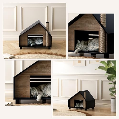 Wooden Cat House Outdoor Indoor, Durable Pet House for Cats, Indoor Cat Lodge, Cat House with Air Vents, Easy Clean and Assemble, Modern Style Cottage Look, Black Walnut - Thumbnail 6