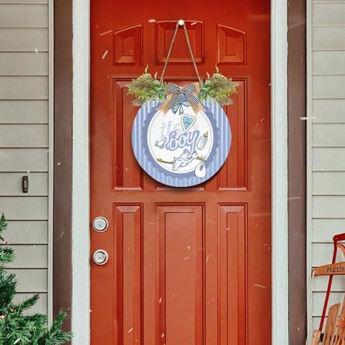 Image of Exnundod Welcome Door Sign It's A Boy Printed Wreath Door Hanger for Front Door Newborn Baby Stork Round Wreath Sign for Door Porch Wall Decor 12inch