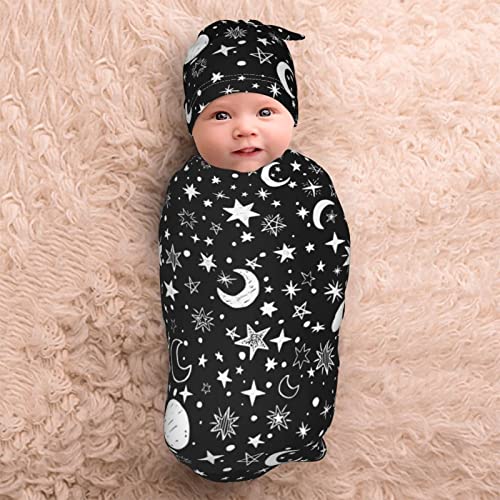 Image of Moon Star Baby Stuff Swaddle Blanket Wrap Baby Newborn Blanket Soft Stretchy With Hat Set Gift For Infant Boy Girl