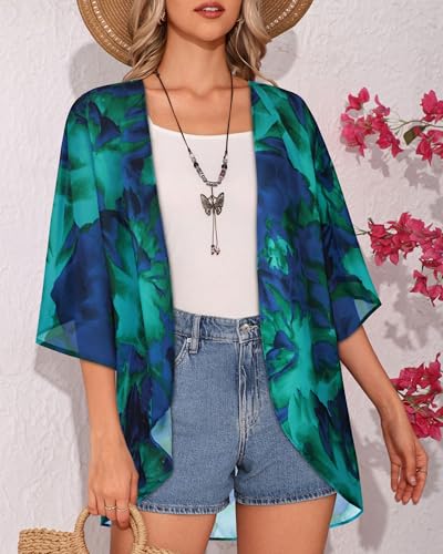 Image of Women's Floral Print Puff Sleeve Kimono Cardigan Loose Cover Up Casual Blouse Tops 2026