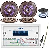 Pyle Double DIN AM/FM Stereo MP3 USB/AUX Bluetooth Marine Power Receiver Bundle Combo with 2 Pairs of 6.5'' 240W Camouflage Waterproof Marine LED Speakers, Rubber Mast Antenna, 18 Gauge Speaker Wire