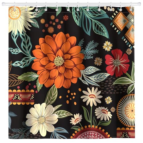 Arquiel Duschvorhang Große Boho Blumen Waschbar 182X182 cm Polyester Badezimmervorhang Dekor für Bad Dusche Badezimmer Mit 12 Ösen & Ringen
