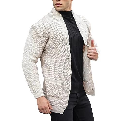 Men's Shawl Collar Cardigan Sweater Slim Fit Cable Knit Button Up Cardigan Sweater with Pockets Men Workout Outfits2