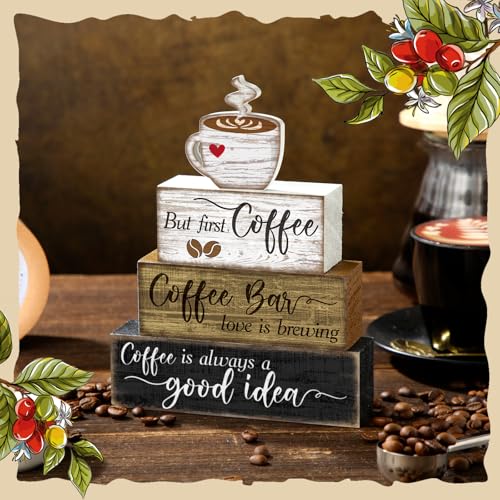 Image of Moucuny 4 Pcs Wooden Coffee Bar Tabletop Decor Coffee Tiered Tray Decor Rustic Wood Bar Sign Gift Farmhouse Table Centerpiece Farmhouse Decorations for Home Kitchen