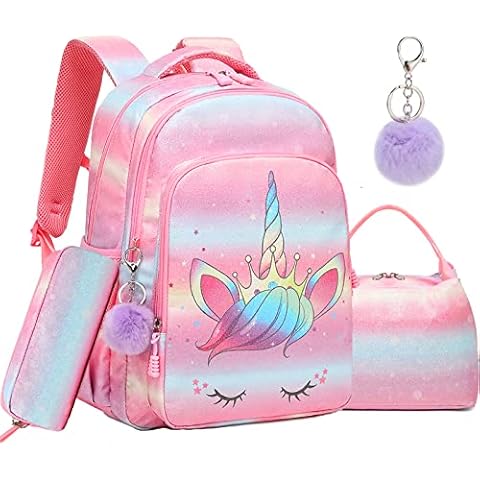 School Backpack for Girls Unicorn Backpack for Girls Backpack Elementary - School Bag Unicorn Bookbag Back to School 2 Pcs Set with Lunch Box, Glitter Pink Cover