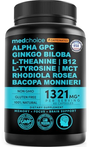 12-in-1 Nootropic Brain Supplement with Caffeine Anhydrous: Ginkgo Biloba for Brain Support, Memory and Focus - B12, Alpha GPC, L Theanine and Choline Supplements with Bioperine with 1321mg (60ct)