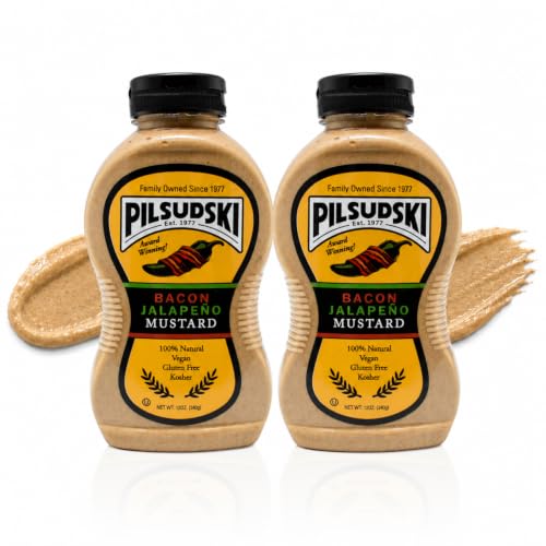 Pilsudski Bacon Jalapeño Mustard, All Natural Gluten Free Vegan Kosher, 12oz Squeeze Bottle - 2 Pack