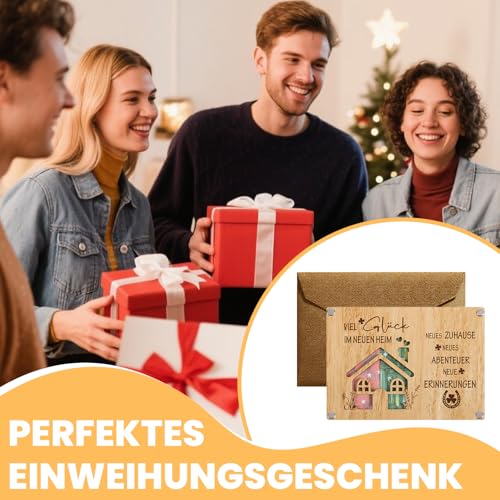 VOYANTE Einzugsgeschenke Wohnung Holzkarte mit Umschlag, Hauseinweihung Umzug Geschenk, Wunscherfüller Geldgeschenke Verpackung, Gutschein Holz Karte zum Einzug im Neuen Zuhause