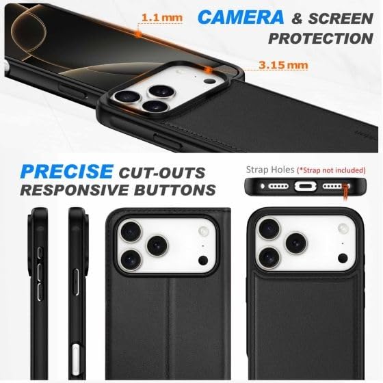 Image of WHITBULL Flip Case Detachable Leather Wallet Cover Removable 2 in 1 Smart Case for iPhone 17 Pro Max (Black)