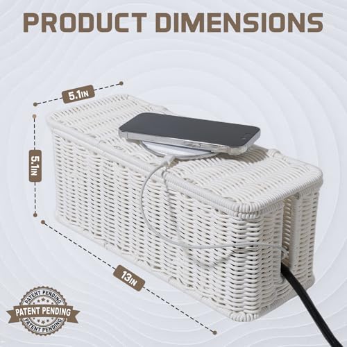 Cable Management Box, Handmade Rattan Cable Organizer with 2 Open Slots, Cord Hider for Power Strip, Router & USB Hub, Registered U.S. Design Patent (D1,112,102), 13" x 5.1" x 5.1", White by Cantalop - Image 2