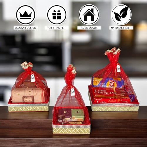Image of (Set of 3-8 inch,10 inch,12 inch inch, Square, Red-Stone Lace) MDF Base Designer Gift Hamper Packaging Baskets with Net Cover, Gift Hamper Organiser Perfect for Any Occasion