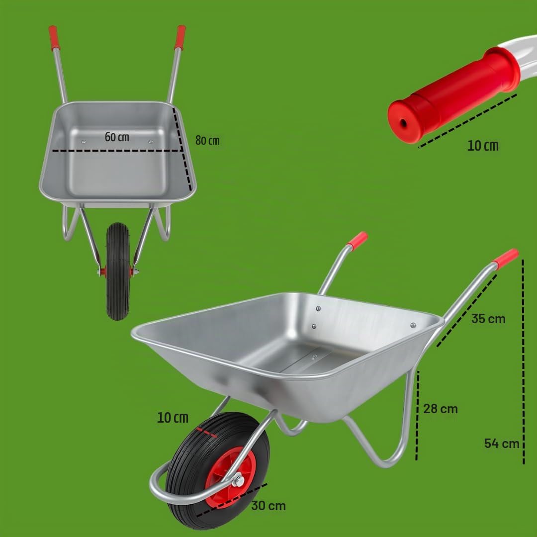 Carriola da Giardino 65L – Telaio in Acciaio Zincato, Ruota Pneumatica 4.00-6 Camera d’Aria, Portata 80kg – Ideale per Giardino,stalla,Cantiere
