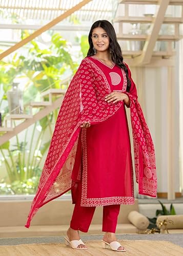 Image of Pistaa's Women's Ethnic Motifs Printed Regular Pure Cotton Kurta with Trousers With Dupatta Set
