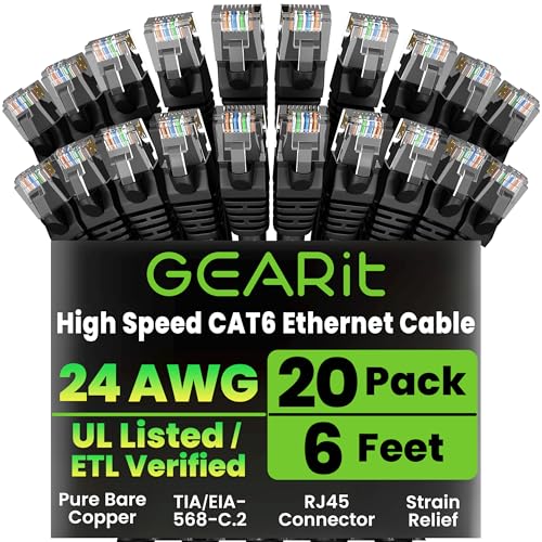 GEARit Cat6 Patch Cables 6ft Cat 6 Ethernet Cable 20-Pack Black